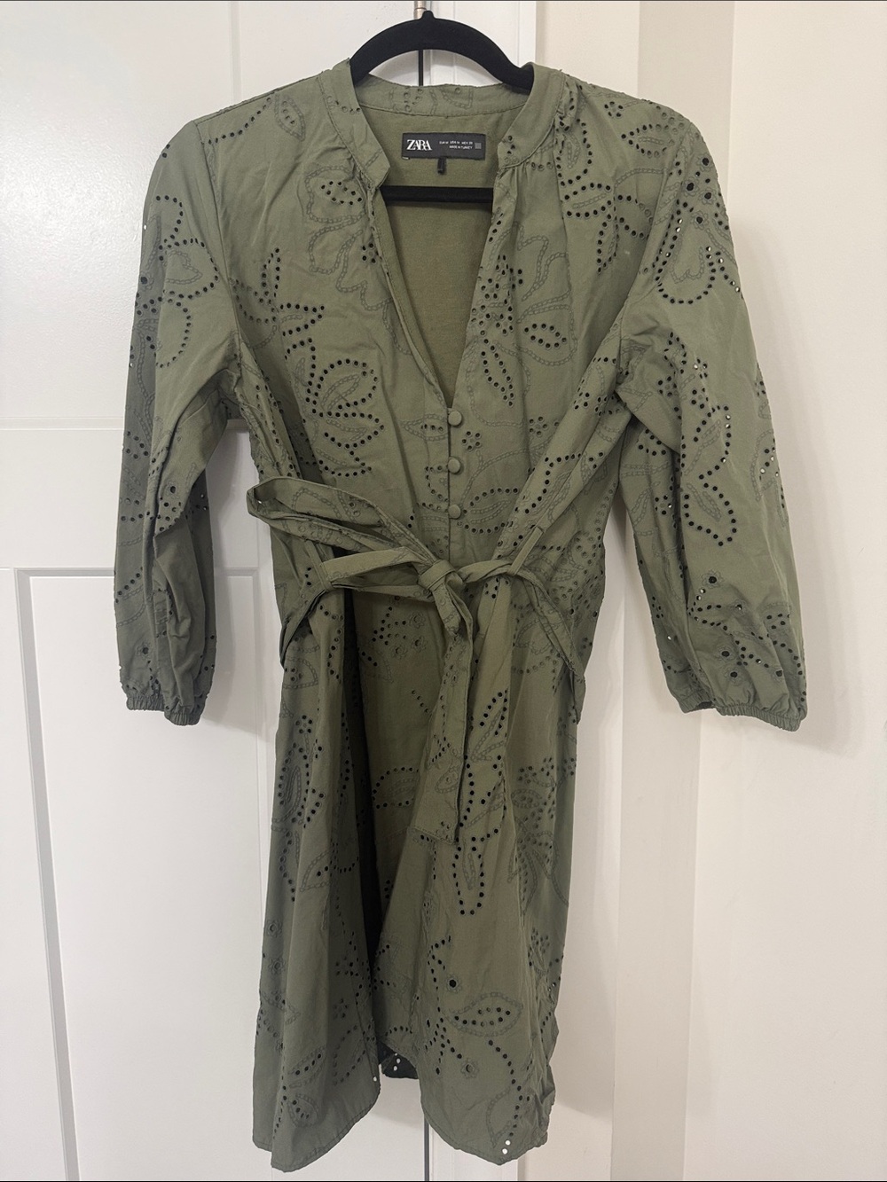 Zara Olive Green Eyelet Mini Dress